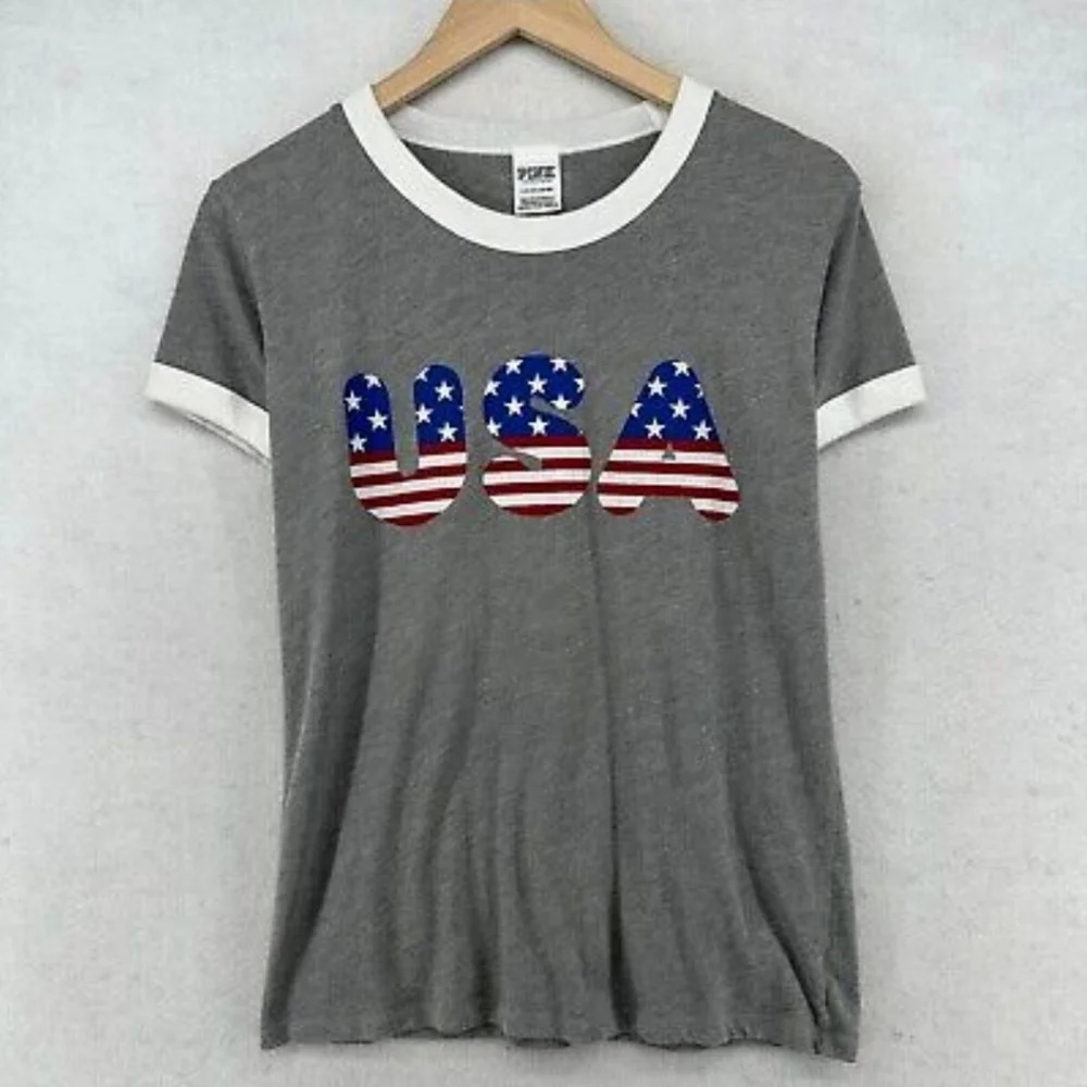 Victoria's Secret PINK Y2K Ringer USA T-Shirt 🇺🇸 Medium